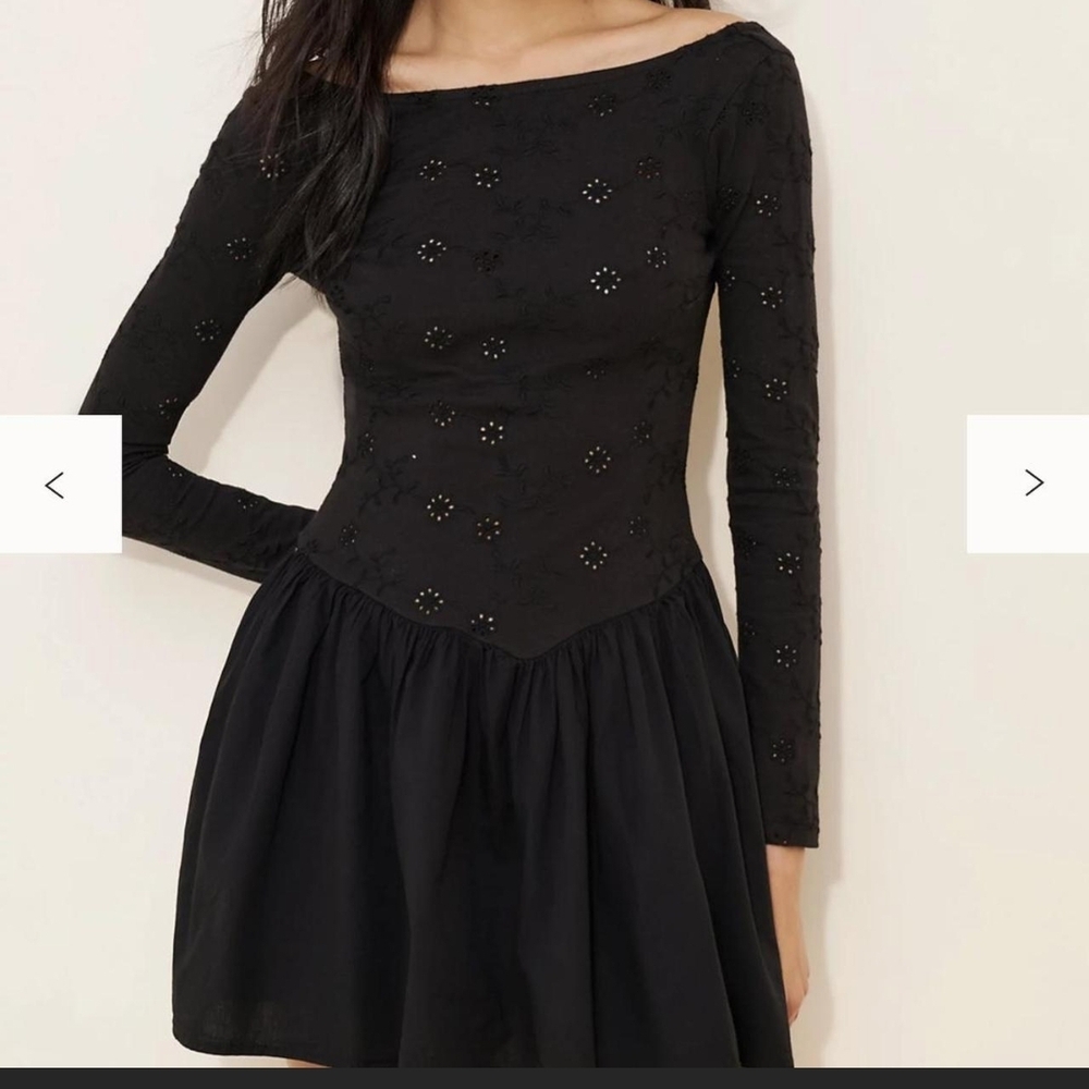 Free People Surley Long Sleeve Eyelet Floral Embroidered Drop Waist Mini Dress